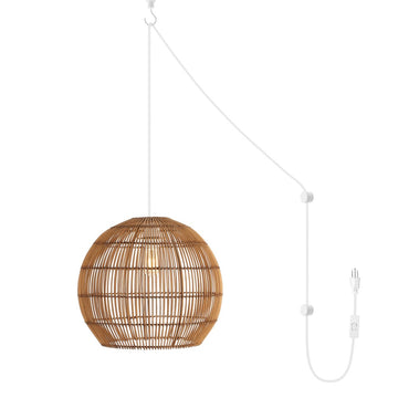 Raya 19" Farmhouse Coastal Rattan 180" Cord Plug-In or Hardwired LED Pendant - JONATHAN Y